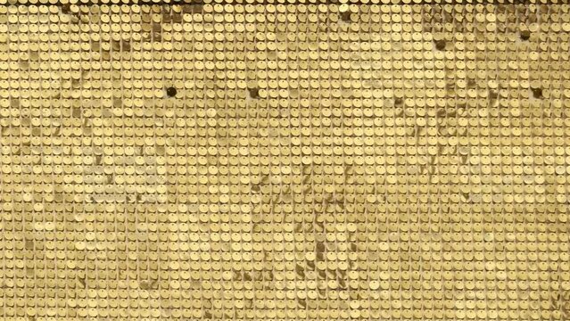 rows of blinking golden yellow brass metal plaques sway in wind and shines in sun and create unique pattern of movement. round reflective particles texture glitter under waves of wind. Spangle Glitter