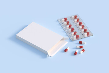 Close up of package blister with round medicines pills. 3d rendering