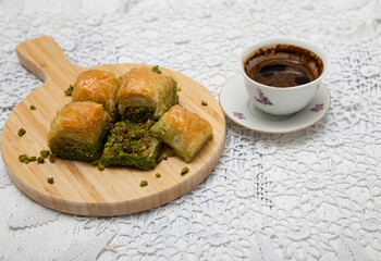 Turkish baklava. presentation on the blackboard. Hot baklava presentation.