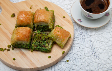 Turkish baklava. presentation on the blackboard. Hot baklava presentation.