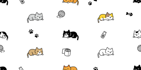 cat seamless pattern kitten calico sleeping vector neko breed paw footprint milk bottle gift wrapping paper character cartoon pet tile background repeat wallpaper animal doodle illustration