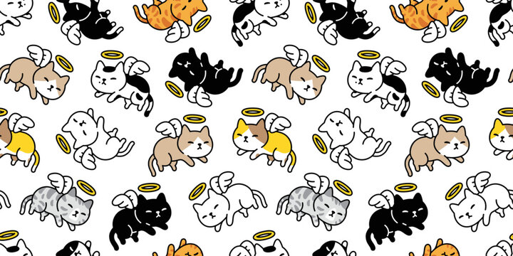 Cat Seamless Pattern Kitten Calico Angel Cupid Valentine Vector Neko Breed Gift Wrapping Paper Character Cartoon Pet Doodle Tile Background Repeat Wallpaper Animal Illustration