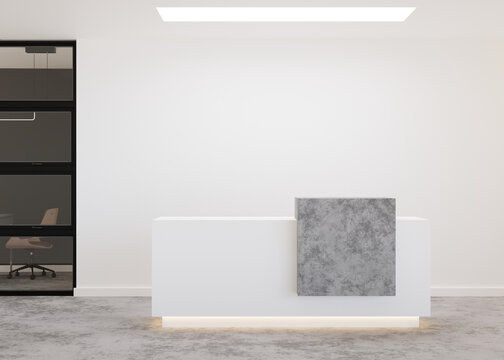 White reception counter in modern room with white walls. Blank registration desk in hotel, spa or office. Reception mock up with copy space for branding, logo. Contemporary style. 3D rendering.