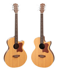 Naklejka premium Classic Acoustic Guitar. Six string musical instrument in two slightly different positions of viewpoint. 3D-rendering graphics isolated on white background.