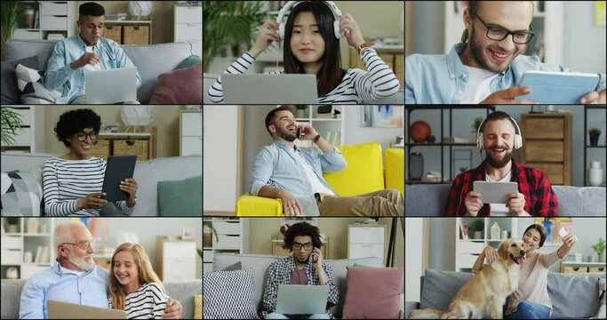 Close up of many people at home indoor using devices. Split screen. Asian woman in headphones looking at laptop. Female taking selfie photo with dog on smartphone. Grandpa with girl watching cartoons