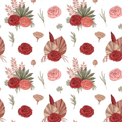 Modern dried flowers seamless pattern. Boho design. Hand drawn vector illustration