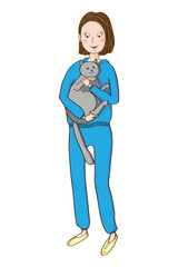 Cute teen girl holding a cat in her arms. A European child with light skin and brown hair. A young woman with a cheerful face in a tracksuit. Isolated vector.