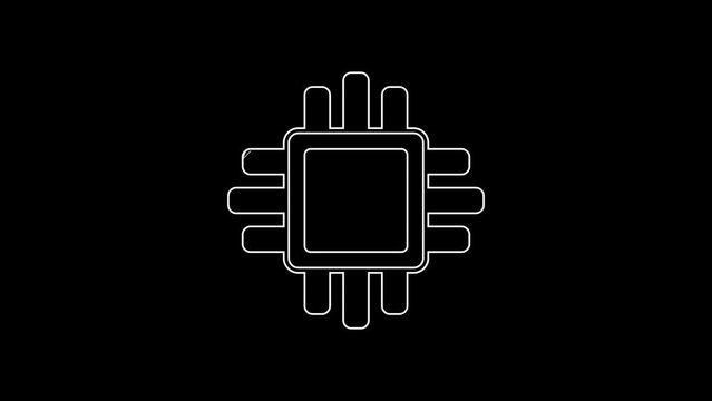 White line Computer processor with microcircuits CPU icon isolated on black background. Chip or cpu with circuit board. Micro processor. 4K Video motion graphic animation
