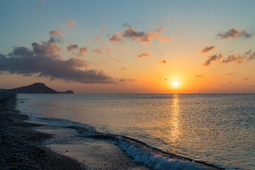 Fototapeta premium Afandou sea beach in Rhodes at sunrise of sunny summer day, Greece, Europe.