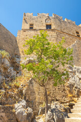 Fototapeta na wymiar The Acropolis of Lindos, historical architecture in Rhodes island, Greece, Europe.