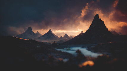 Fototapeta na wymiar Fantasy mountain landscape with clouds and fog. 3D illustration.