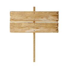 Empty, blank wooden sign from two single boards on wood post with room for text, wooden board sign template isolated on white background