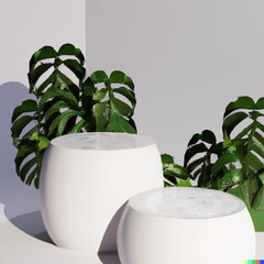 White display podium with house plants in the background