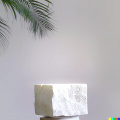 Stone product display podium with palm leafs in the background