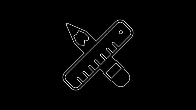 White line Crossed ruler and pencil icon isolated on black background. Straightedge symbol. Drawing and educational tools. 4K Video motion graphic animation