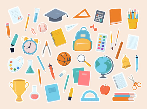 Back to school collection of stickers with supplies, stationery, books, globe, chemical flask, sports equipment, alarm clock, drawing, winners cup and bell. Cartoon flat vector illustration.