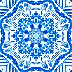 Blue white watercolor azulejos tile background. Seamless coastal geometric floral mosaic effect. Ornamental arabesque all over summer fashion damask repeat