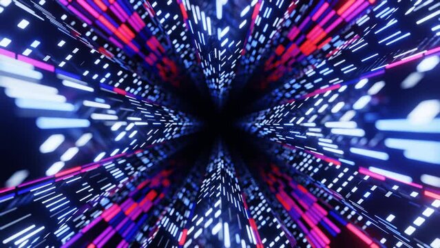 Fly through mirror designs form tunnel technology cyberspace with neon glow. Sci-fi flight through design complexity. Neon light. 3d looped seamless 4k bright background.
