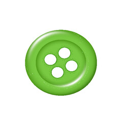 Realistic green sewing button with holes. Clasp clothes accessory plastic element decorative