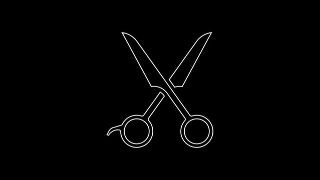 White line Scissors hairdresser icon isolated on black background. Hairdresser, fashion salon and barber sign. Barbershop symbol. 4K Video motion graphic animation