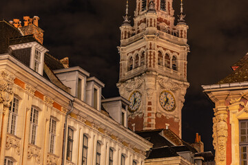 Fototapeta na wymiar old style french town hall in european town at night with colors