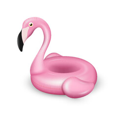 3d pink flamingo inflatable swimming ring. Realistic tropical bird shape swimming pool life buoy