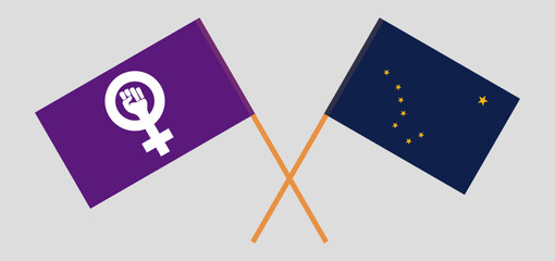 Crossed flags of Feminism and the State of Alaska. Official colors. Correct proportion.