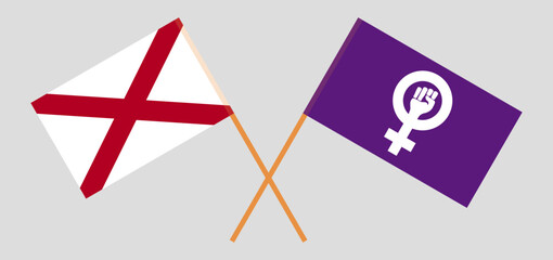 Crossed flags of The State of Alabama and Feminism. Official colors. Correct proportion