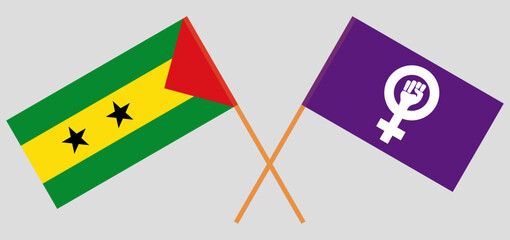 Crossed flags of Sao Tome and Principe and Feminism. Official colors. Correct proportion