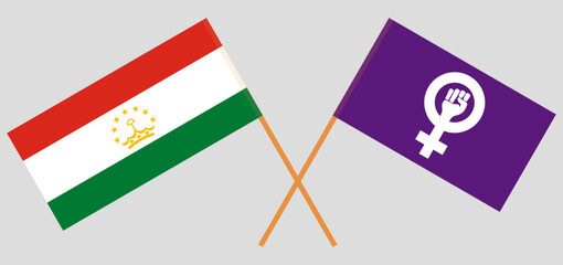 Crossed flags of Tajikistan and Feminism. Official colors. Correct proportion