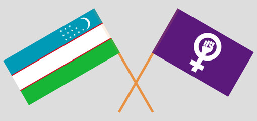 Crossed flags of Uzbekistan and Feminism. Official colors. Correct proportion.