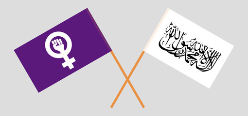 Crossed flags of Feminism and Taliban. Official colors. Correct proportion