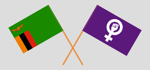 Crossed flags of Zambia and Feminism. Official colors. Correct proportion