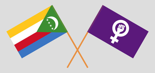 Crossed flags of the Comoros and Feminism. Official colors. Correct proportion