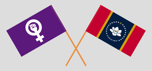 Crossed flags of Feminism and The State of Mississippi. Official colors. Correct proportion