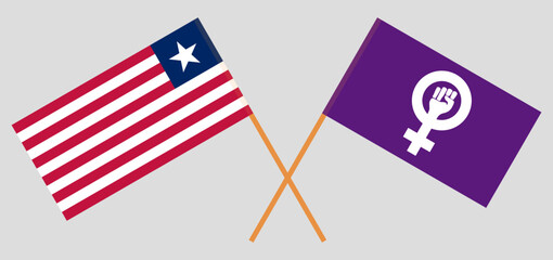 Crossed flags of Liberia and Feminism. Official colors. Correct proportion