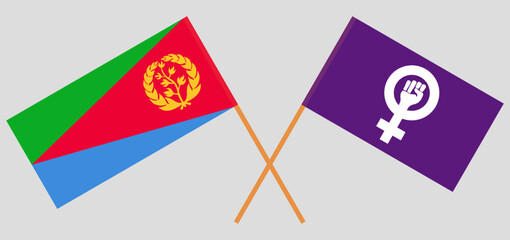 Crossed flags of Eritrea and Feminism. Official colors. Correct proportion