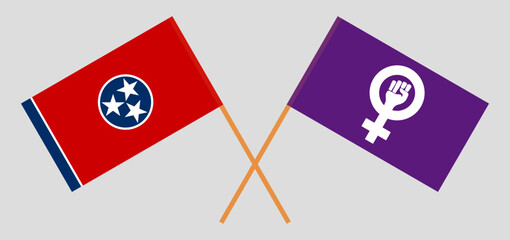 Crossed flags of The State of Tennessee and Feminism. Official colors. Correct proportion