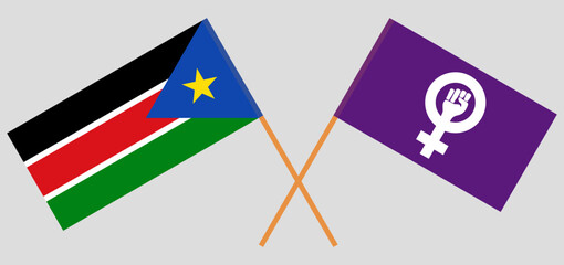 Crossed flags of South Sudan and Feminism. Official colors. Correct proportion