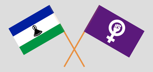 Crossed flags of Lesotho and Feminism. Official colors. Correct proportion