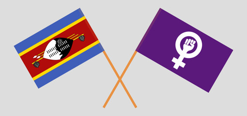 Crossed flags of Eswatini and Feminism. Official colors. Correct proportion