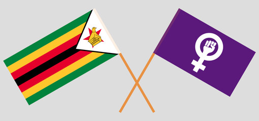 Crossed flags of Zimbabwe and Feminism. Official colors. Correct proportion - obrazy, fototapety, plakaty