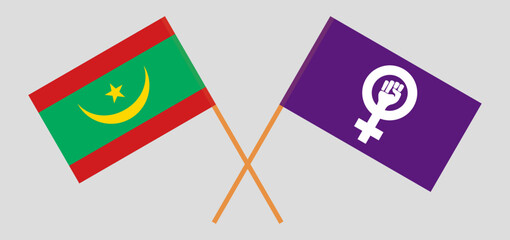 Crossed flags of Mauritania and Feminism. Official colors. Correct proportion