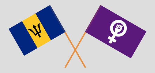 Crossed flags of Barbados and Feminism. Official colors. Correct proportion