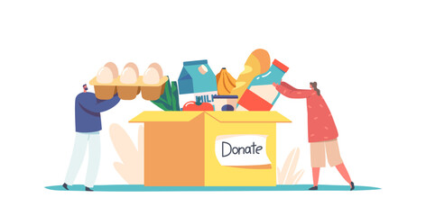 Support Social Care, Volunteering and Charity Concept. Tiny Characters Filling Cardboard Donation Box with Food