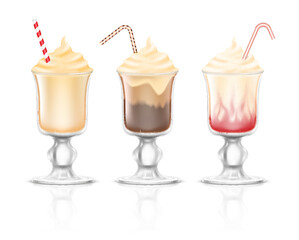 Realistic delicious milkshakes in glasses with straws. Sweet cold tasty beverages cocktails