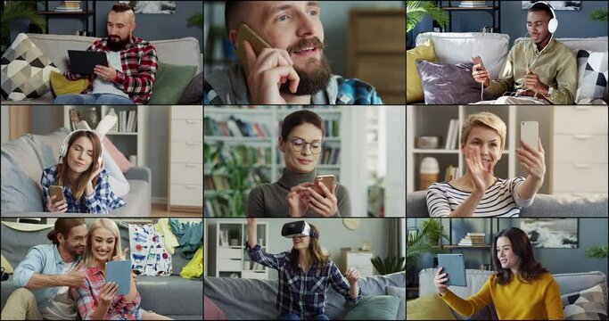 Collage of diverse Caucasian young people using gadgets in cozy apartment. Video call on smartphone and tablet. Handsome man speaking on mobile phone. Happy couple video chatting online, communication
