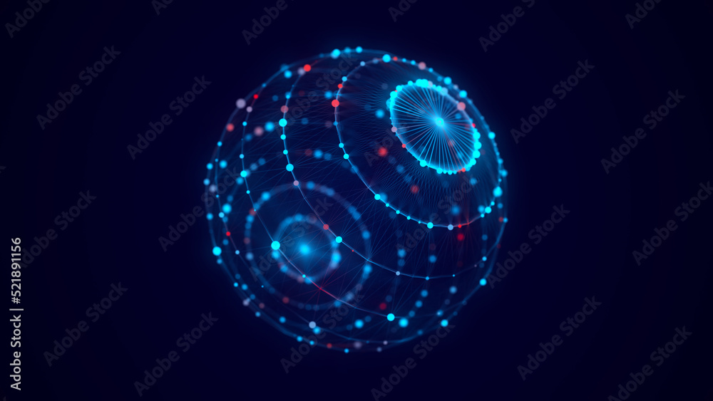 Leinwandbilder Abstract blue sphere with connecting dots and lines. Wireframe technology sphere. Big data visualization. 3d rendering.