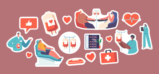 Set of Stickers Blood Donation, World Donor Day, Health Care Concept. Volunteers Characters Sitting in Medical Chairs