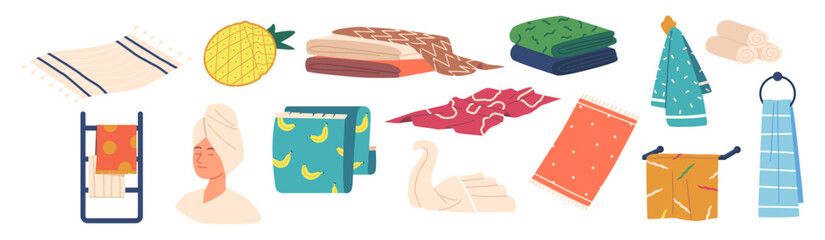 Set of Towels, Isolated Terrycloth, Home Textile Rolled, Folded And Stacked In Piles. Bathroom Domestic Or Hotel Stuff